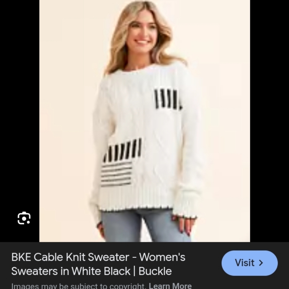 NWT.BKE Women's White and Black Cable Knit Sweater - Picture 2 of 10
